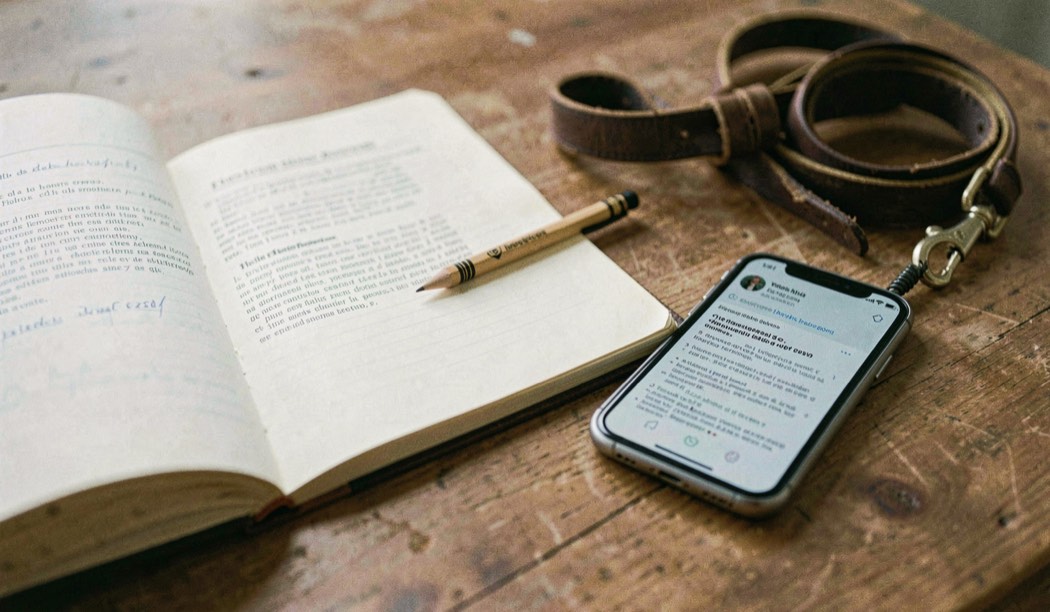 Un carnet ouvert, un crayon et un téléphone affichant une page de référence sont posés sur une table près d’une laisse.