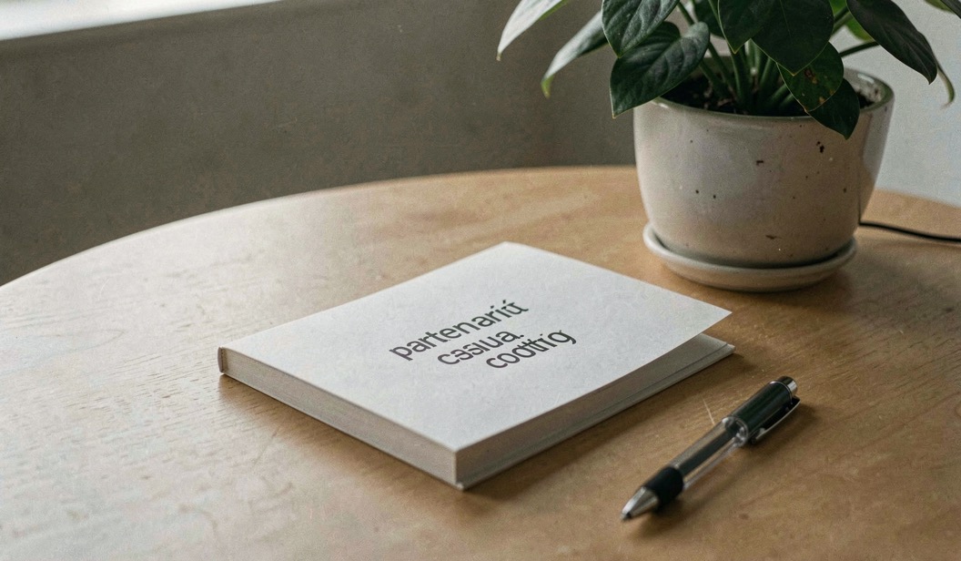 Un carnet portant la mention partenariat reste fermé sur un bureau, avec un stylo et une plante dans une lumière neutre.