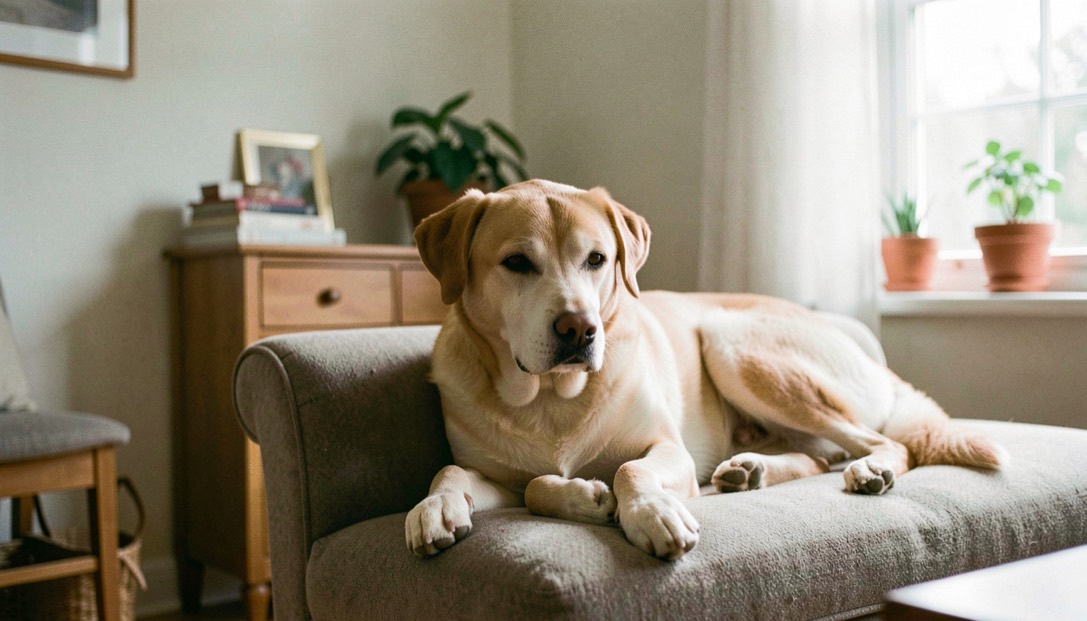 Une scène de vie canine liée au thème Accessoires, avec un chien détendu dans un environnement domestique lumineux.