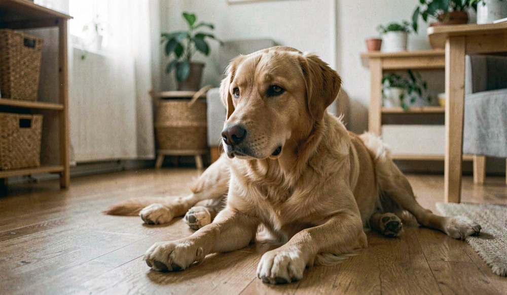 Une scène de vie canine liée au thème Alimentation, avec un chien détendu dans un environnement domestique lumineux.