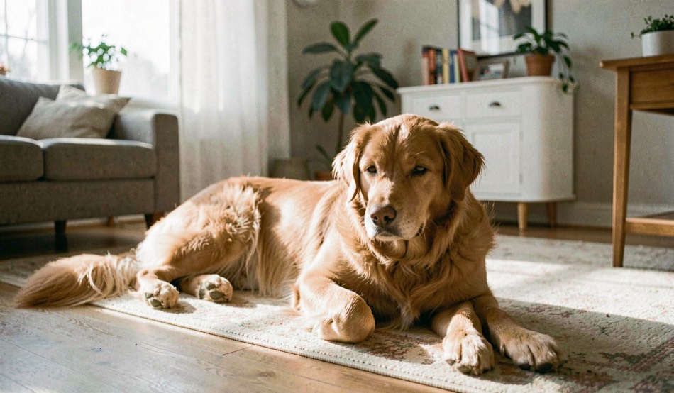 Une scène de vie canine liée au thème Comportement, avec un chien détendu dans un environnement domestique lumineux.