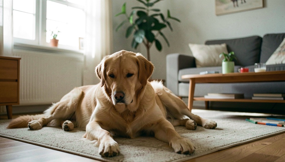 Une scène de vie canine liée au thème Éducation, avec un chien détendu dans un environnement domestique lumineux.