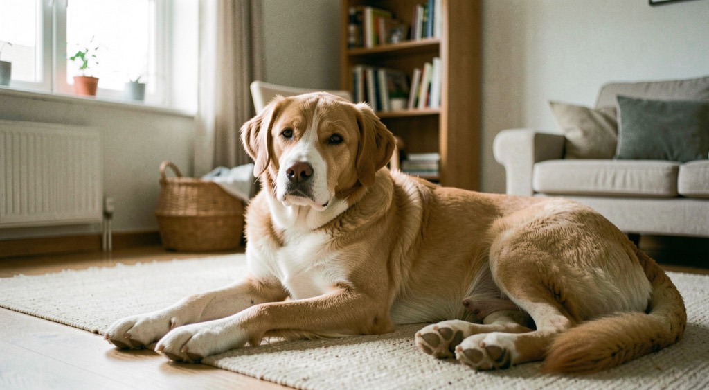 Une scène de vie canine liée au thème Entretien, avec un chien détendu dans un environnement domestique lumineux.