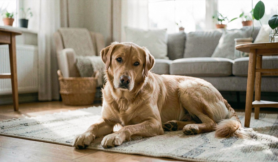 Une scène de vie canine liée au thème Santé & prévention, avec un chien détendu dans un environnement domestique lumineux.