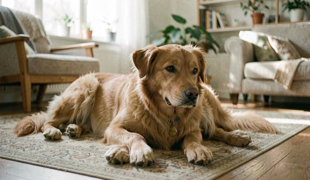 Une scène de vie canine liée au thème Vie pratique, avec un chien détendu dans un environnement domestique lumineux.
