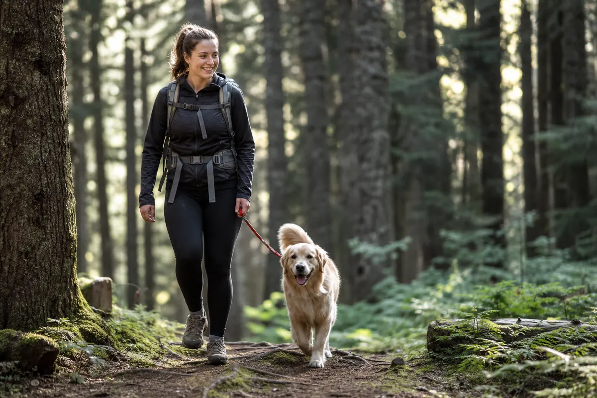 Randonneuse et son chien joyeux sur un sentier de forêt au lever du jour