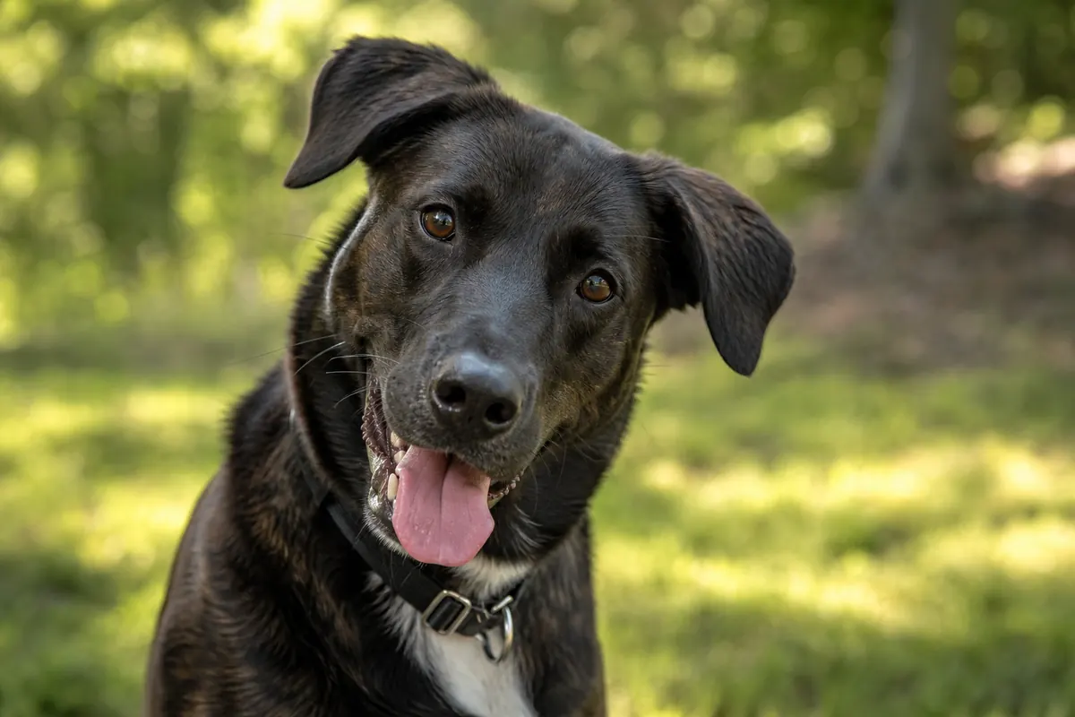 Chien regardant attentivement vers le haut dans un parc ensoleillé, langue tirée