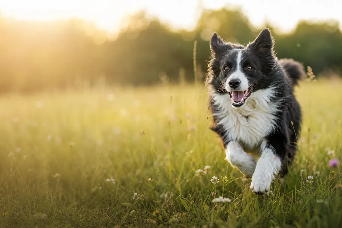 Border collie joyeux courant dans une prairie de fleurs sauvages à l'heure dorée