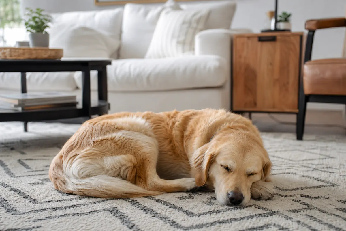 Chien détendu endormi sur un tapis dans un salon moderne et lumineux
