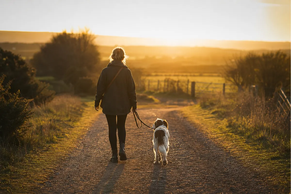 Maître et chien marchant sur un chemin de campagne au coucher du soleil